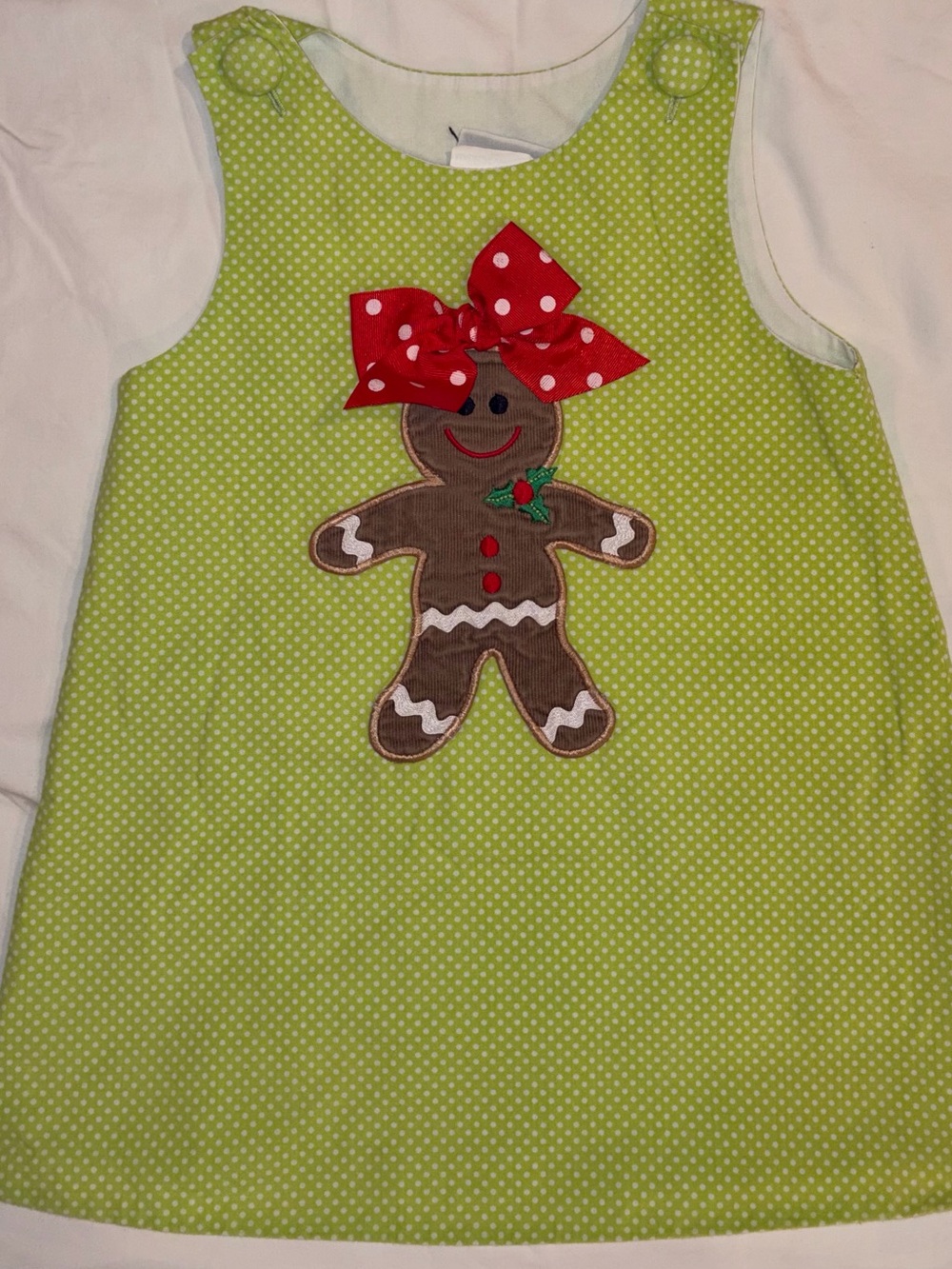 Castles and Crowns Green Dotted Jumper with Gingerbread Applique sz 2T EUC